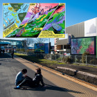 Mixed media on paper (inset), reproduced as billboards